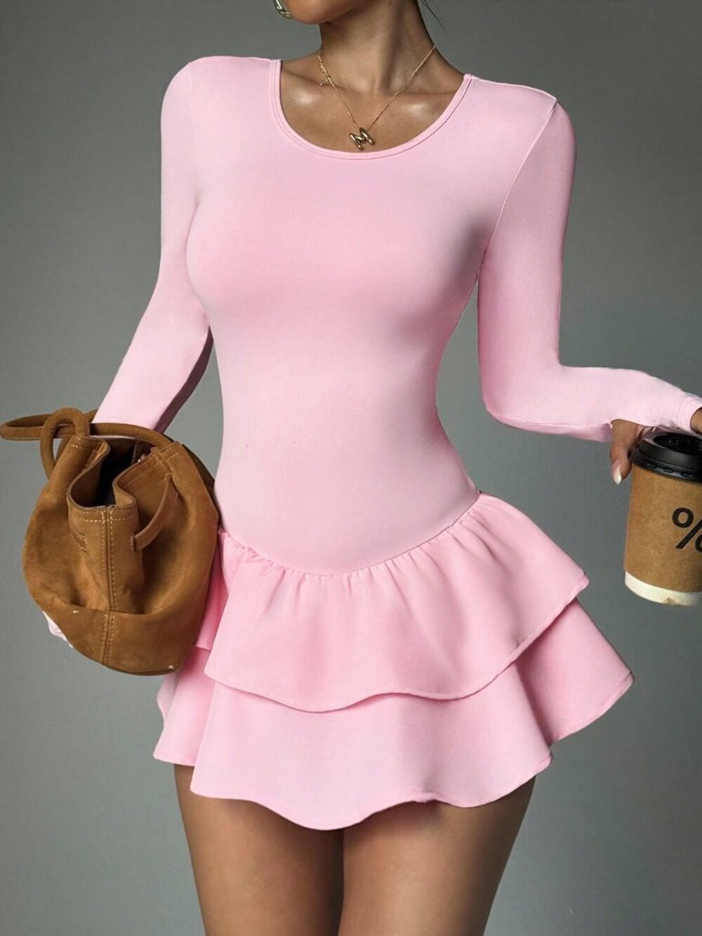 Pink Ruffle Long Sleeve Women's Tennis Dress with Pockets